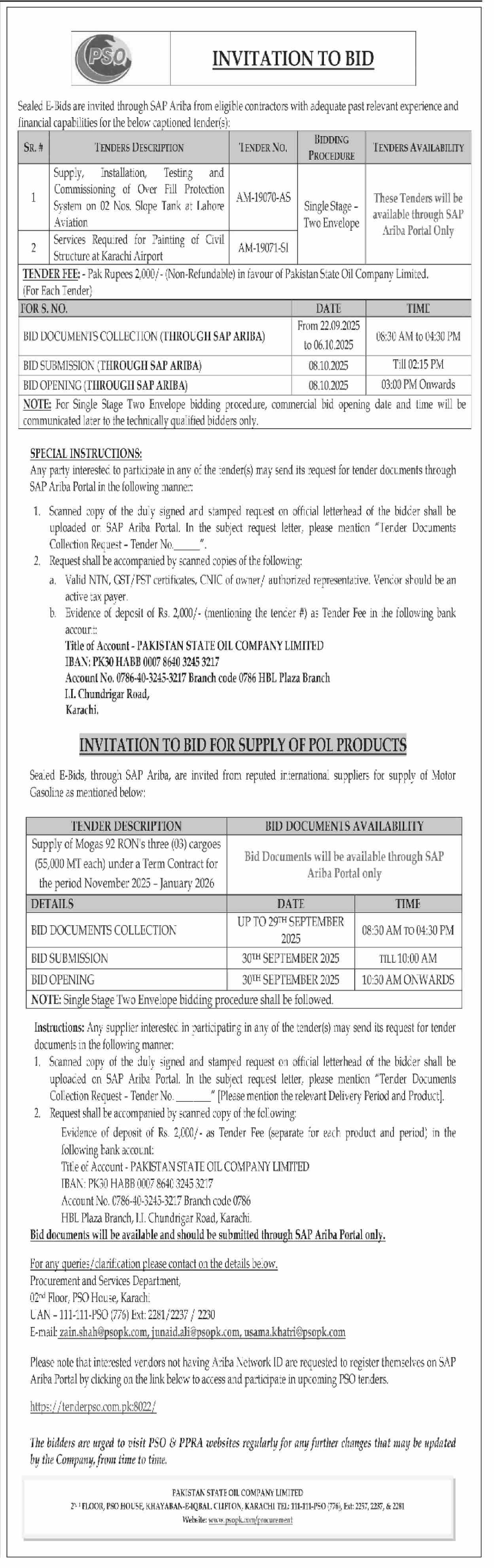 Pakistan State Oil Company Limited Karachi Tender Notice